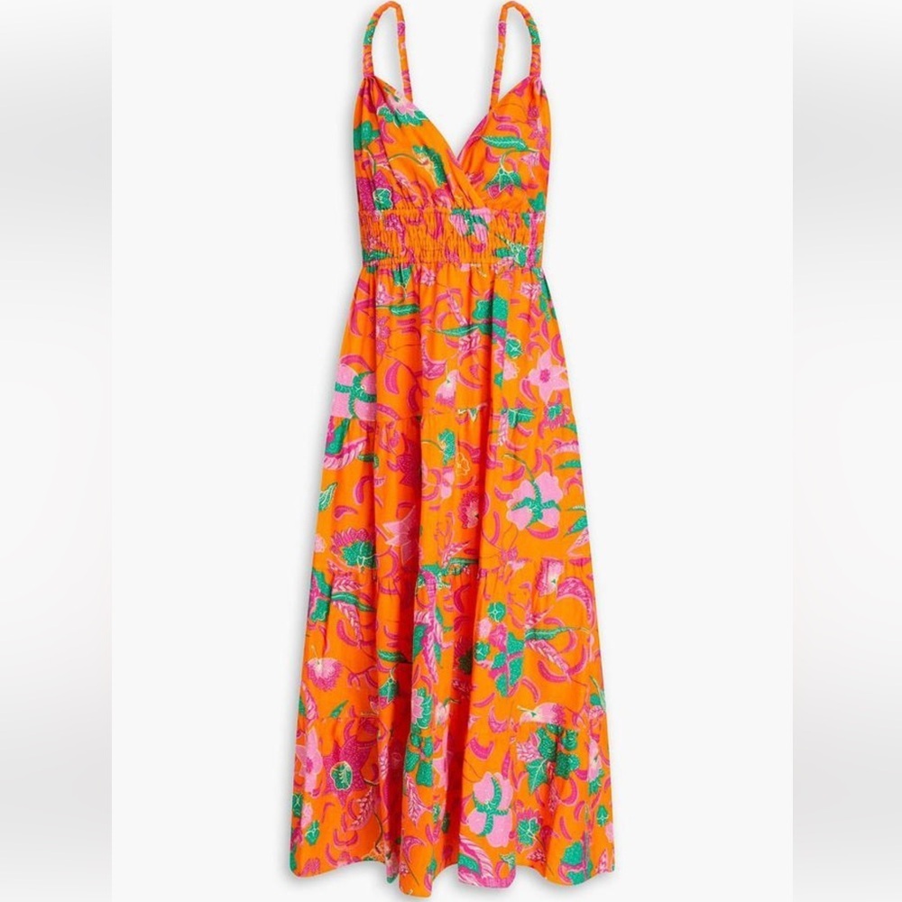 10 Crosby Derek Lam Cecelia Tiered Printed Linen-blend Orange Midi Dress Size 4